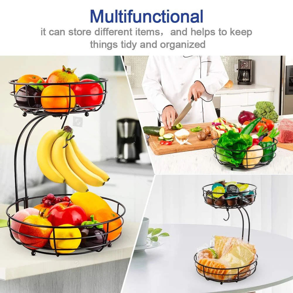 LMETJMA-cesta de frutas para encimera de 2 niveles, cuenco con colgador de plátano, soporte de frutas de alambre de Metal para cocina, organizador de almacenamiento JT312
