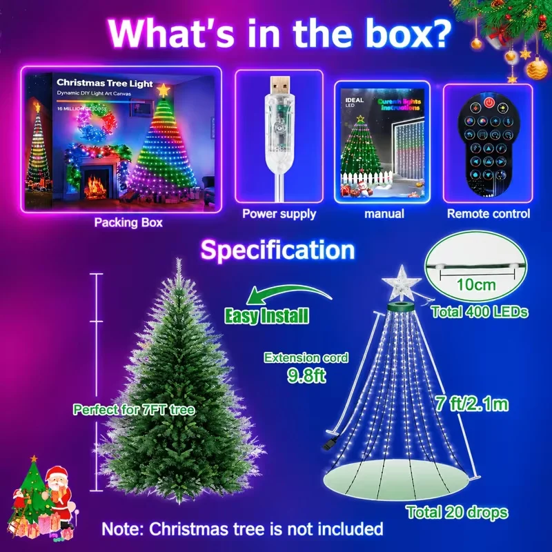    Guirnalda de luces navideñas de 2,1 M, lámpara con Control remoto por aplicación Bluetooth, guirnalda USB para dormitorio, decoración navideña de Año Nuevo