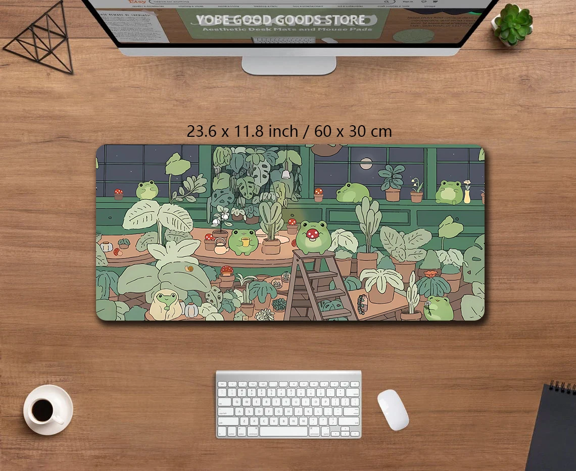 Alfombrilla de escritorio de ranas Kawaii, alfombrilla de ratón grande para juegos Xxl, alfombrilla de ratón bonita de Anime, estética Cozi Lofi, planta, naturaleza, verde, alfombrilla de escritorio extendida