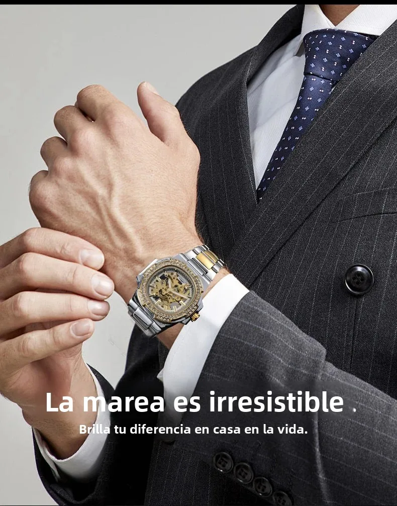 Reloj de Hombre Automático LONGLUX, Relojes de Pulsera Mecánicos de Acero Inoxidable de Lujo al por Mayor, Reloj de Hombre con Diamantes, Esqueleto, Resistente al Agua