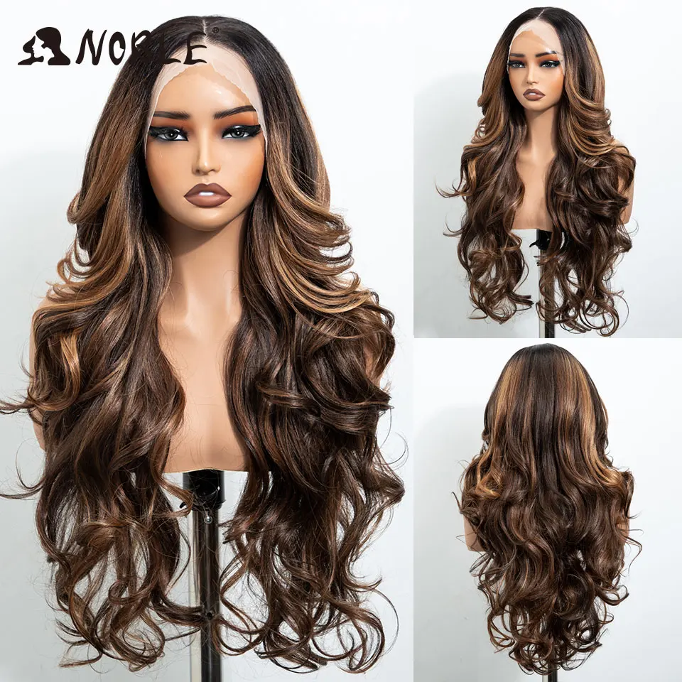 Peluca sintética de 28 pulgadas con ondas corporales, color marrón, con encaje frontal 13x4, parte media, resistente al calor, para mujeres, uso diario y fiestas.