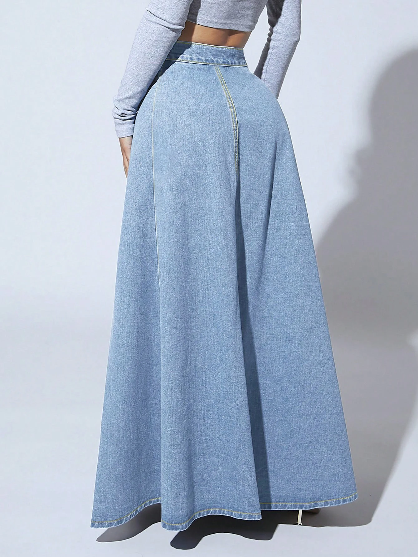 Falda vaquera maxi de mujer con botones delanteros, cintura alta, estilo vintage, línea A, larga, casual y acampanada