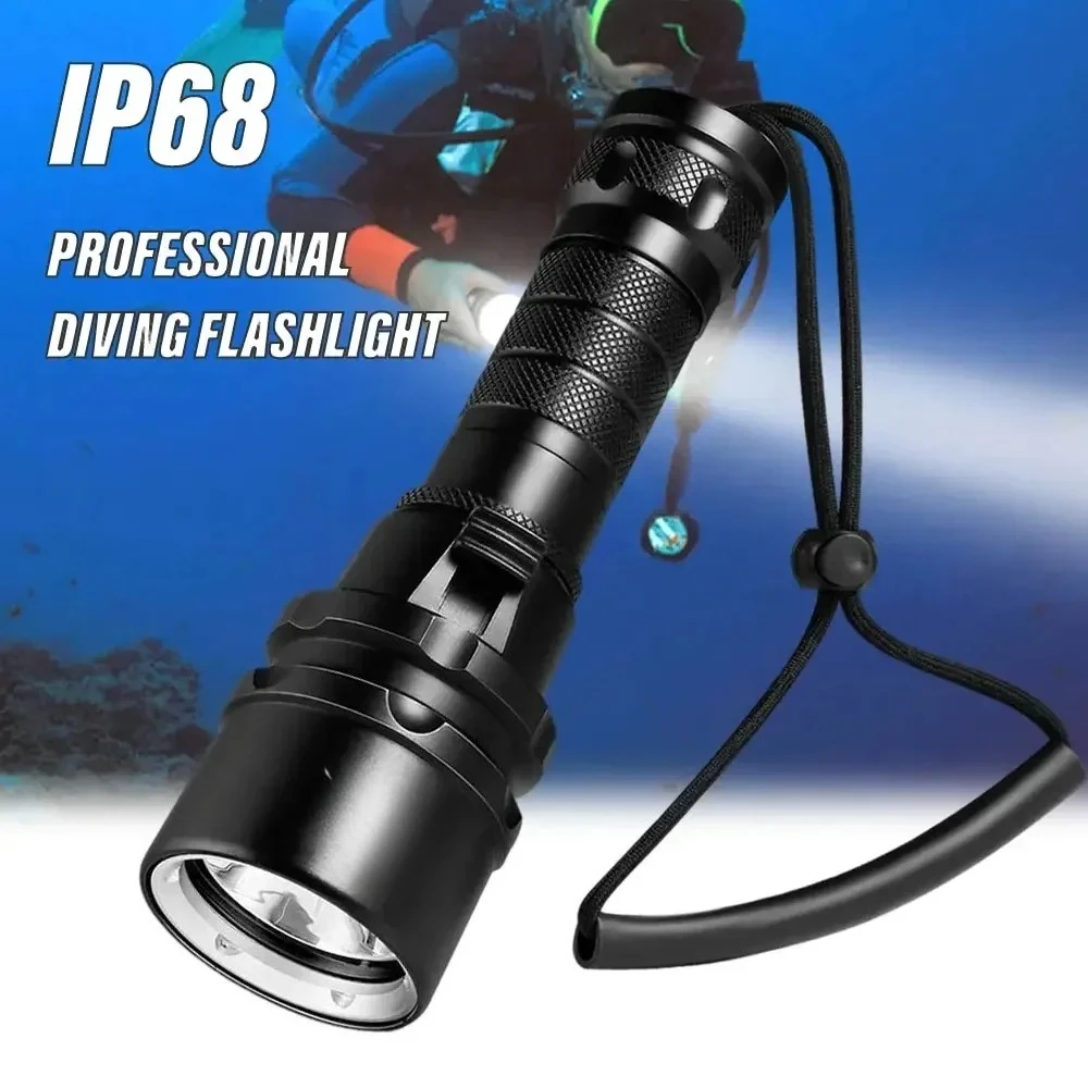 Linterna de Buceo de Alta Potencia con Clasificación de Impermeabilidad IP68, Linterna de Buceo Profesional Alimentada por Batería 18650 con Correa de Mano