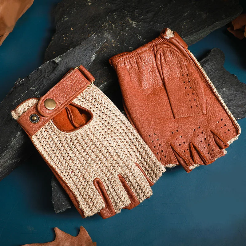 Guantes de cuero sin dedos para motocicleta Retro para hombre para conducir y montar, guantes de medio dedo transpirables de punto