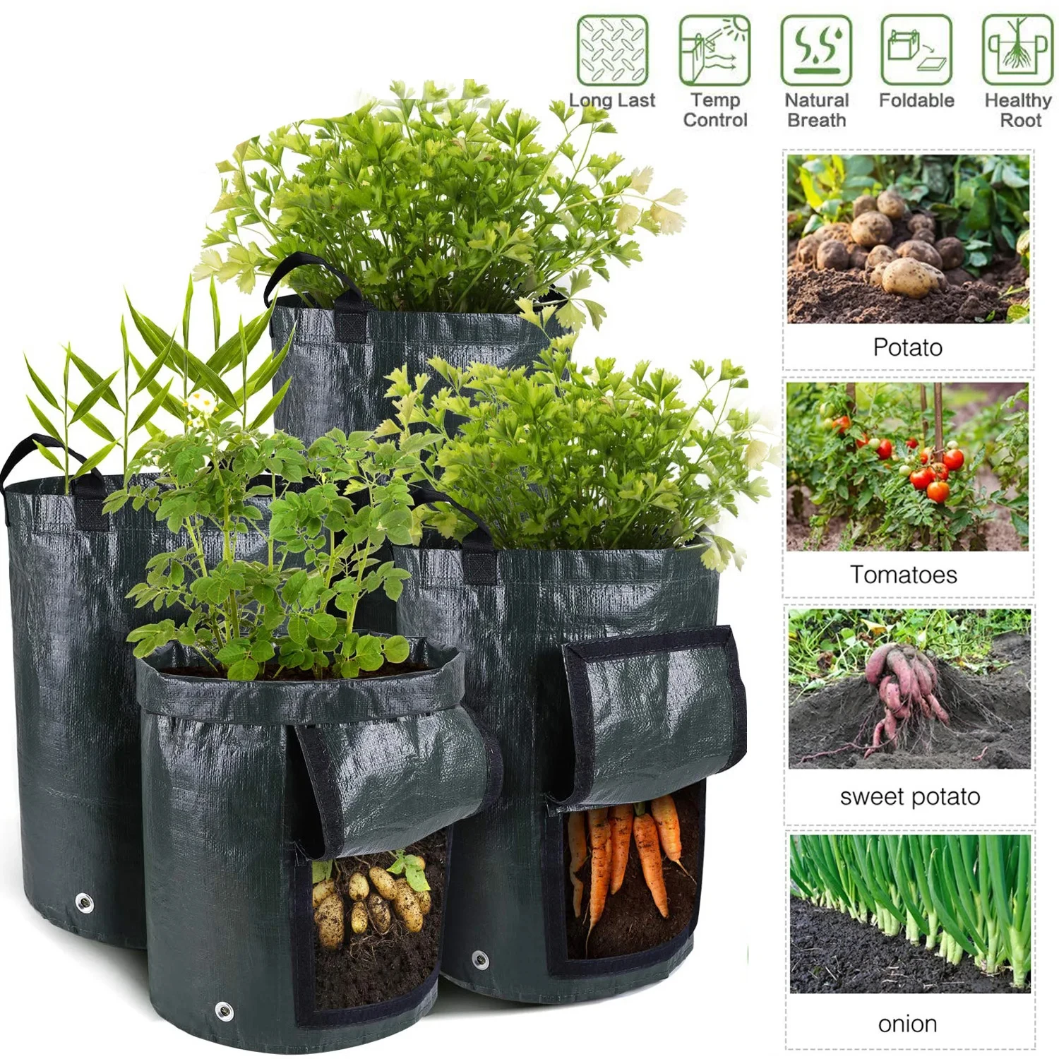 Bolsas de cultivo de jardín, bolsas de cultivo de patatas de 3/5/7/10 galones, bolsas de cultivo de plantas de jardinería, contenedor de macetero de verduras y zanahorias de tela PE