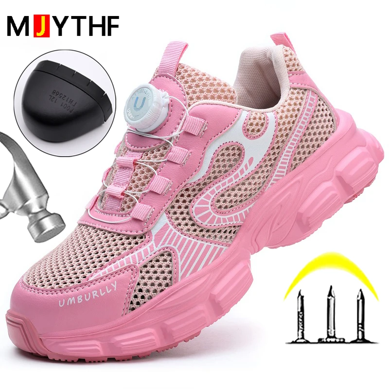 Zapatos de seguridad con botón giratorio para mujer, zapatillas de trabajo transpirables, zapatos con punta de acero, zapatos de protección para mujer, zapatos de trabajo a prueba de pinchazos