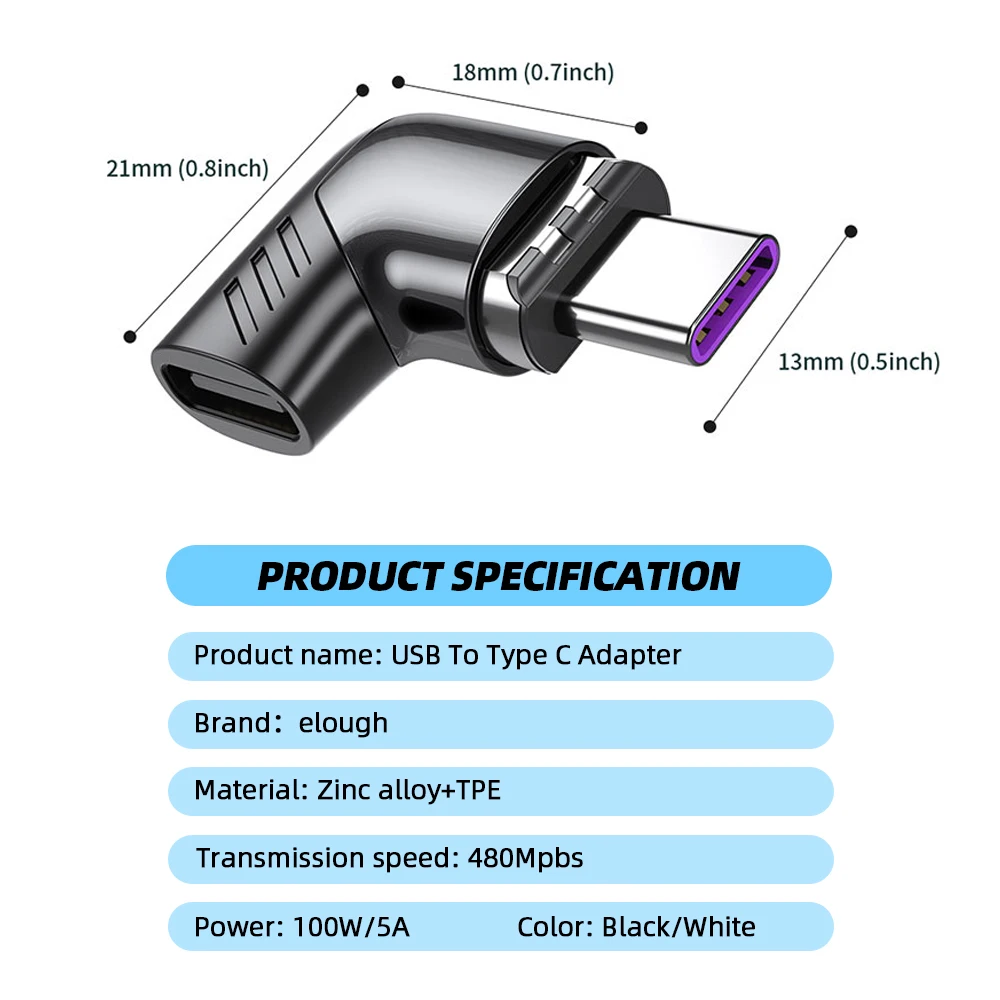 Elough 120W USB tipo C a USB C adaptador magnético 90 grados convertidor magnético de carga rápida para Macbook iPad Pro Switch Samsung