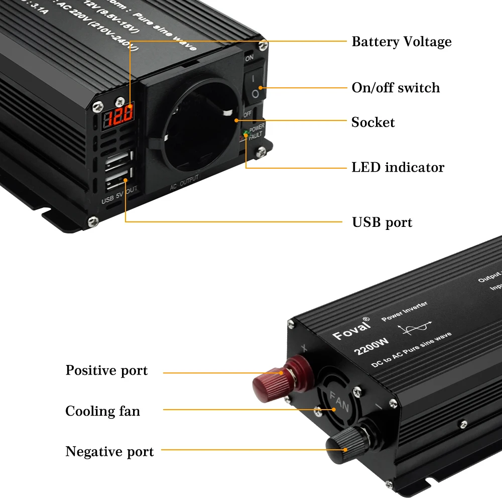Inversor de onda sinusoidal pura DC 12V a AC 220V 230V 1500W/2200W/2600W convertidor de transferencia de voltaje enchufe Universal de la UE accesorios para automóviles