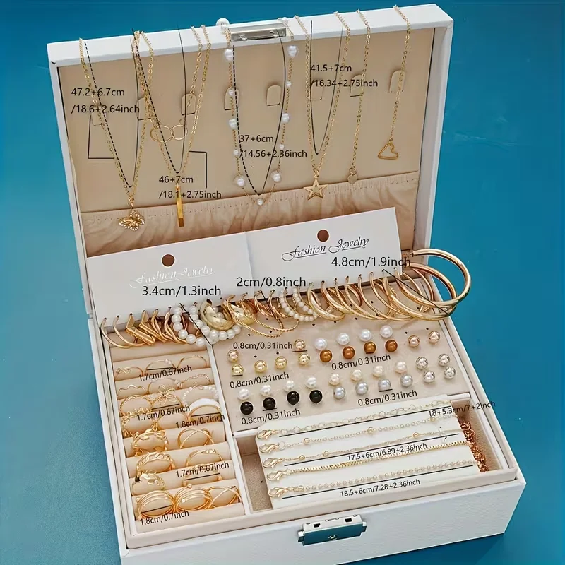 Juego de 86 piezas de joyería de moda para mujer, con perlas, aleación, aretes, collares, anillos, pulseras apilables, estilo bohemio, para fiesta o uso diario, sin caja.