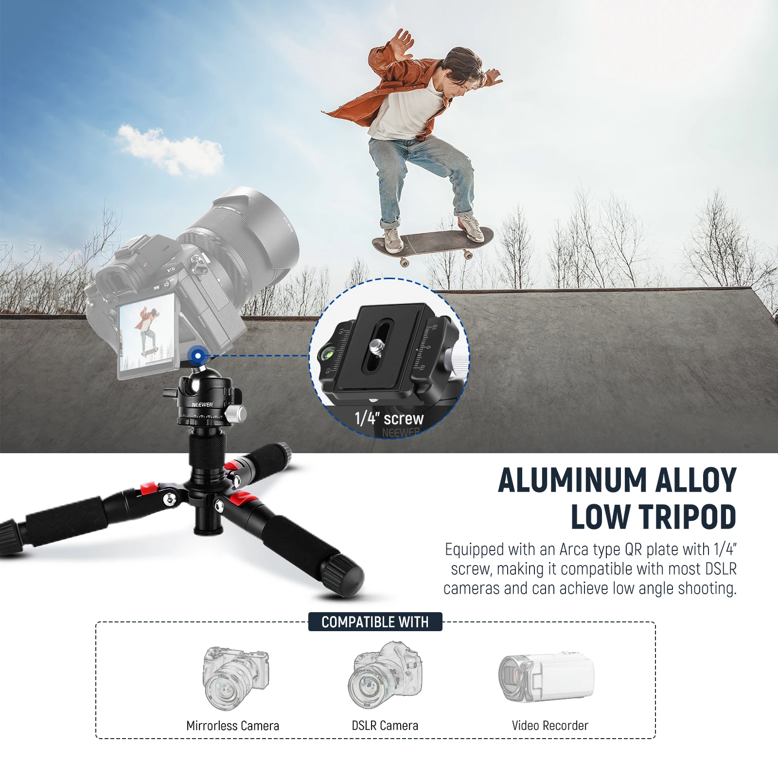 NEEWER Mini trípode de escritorio portátil de aleación de aluminio 20 ''/ 50 cm trípode de escritorio con cabeza de bola de 360 grados, placa de zapata rápida de 1/4 pulgadas