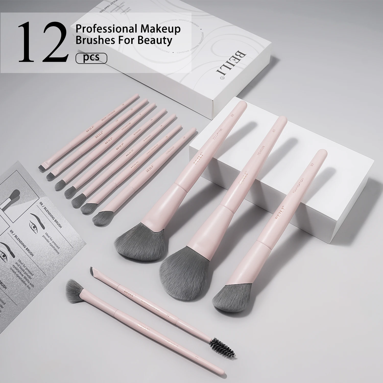 BEILI-Juego de brochas de maquillaje profesional vegano, 12 Uds., maíz, bambú, seda, ángulo en polvo, base, sombra de ojos, delineador de ojos, cosméticos