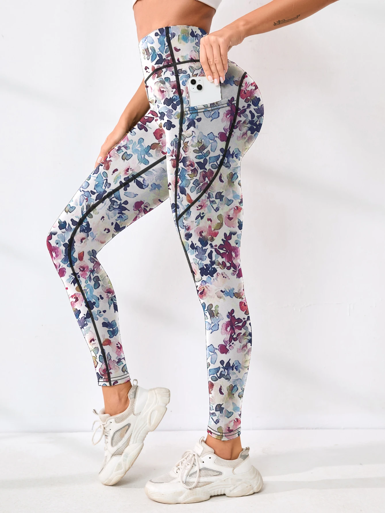 Pantalones deportivos con bolsillo y cintura alta para mujer, estampados, combinados con pantalones de yoga abdominales ajustados, adecuados para correr, senderismo y sp
