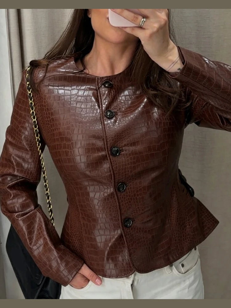 Chaqueta de cuero sintético con estampado de cocodrilo para mujer, cuello redondo, cierre de botones frontales, bajo peplum acampanado, corte ajustado, abrigo corto, ropa de calle para damas.