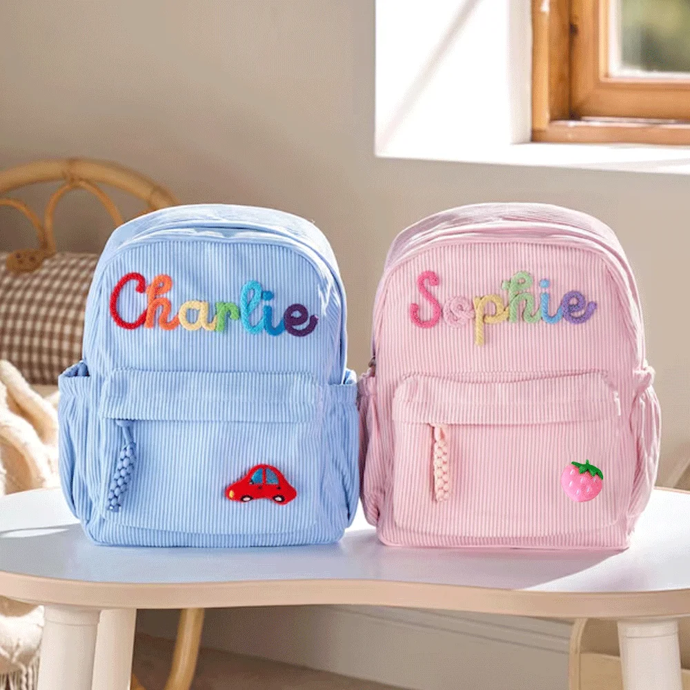 Mochila pequeña de pana personalizada de alta calidad – Mochila escolar personalizable con estampado de nombre; Bonita y práctica