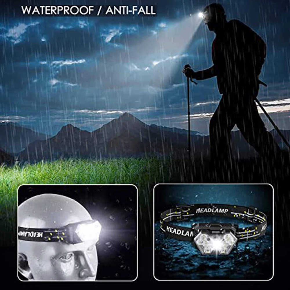 Linterna frontal de luz potente con Sensor de movimiento recargable por USB, faro portátil para pesca, Camping, trabajo al aire libre, 9 Led