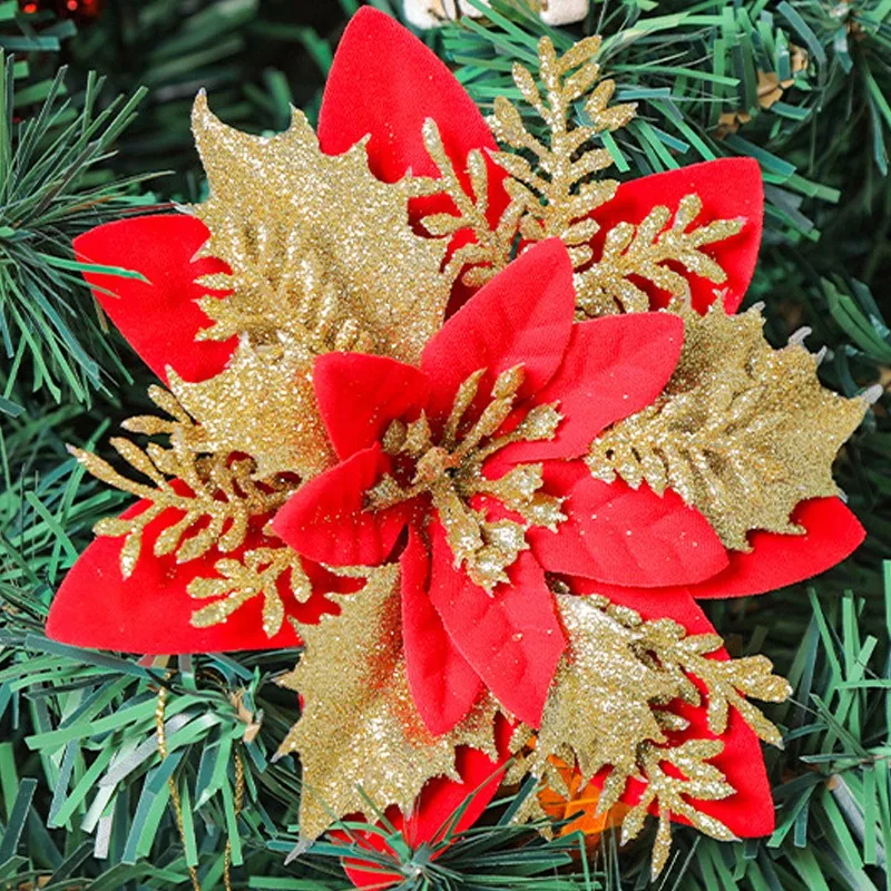 Flores Artificiales de Poinsettia Rojas Doradas Brillantes, Árbol de Navidad Artificial, Flores Falsas con Purpurina, Adornos Florales para Fiestas y Hogar