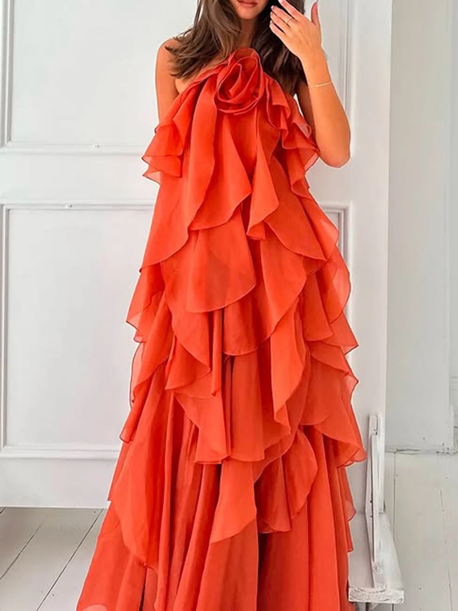 TWOTWINSTYLE, vestidos elegantes lisos con volantes empalmados para mujer, vestido suelto sin mangas con cuello Halter y cintura alta con espalda descubierta, moda femenina