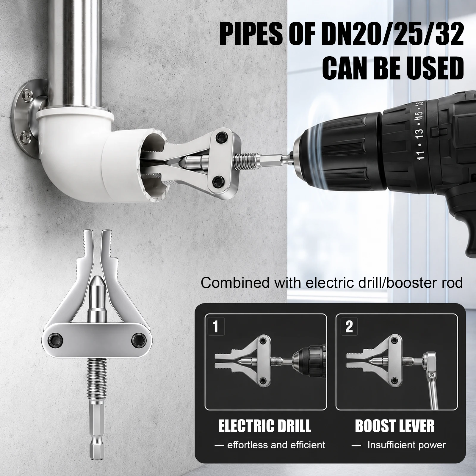 Extractor de Tuberías, Herramienta para Extraer Roscas Rotos, con Vástago Hexagonal para Taladro Eléctrico, para Tuberías de PPR, PVC, Plástico y MPP, DN20/25/32, 1/2″, 3/4″, 1″ Pulgada