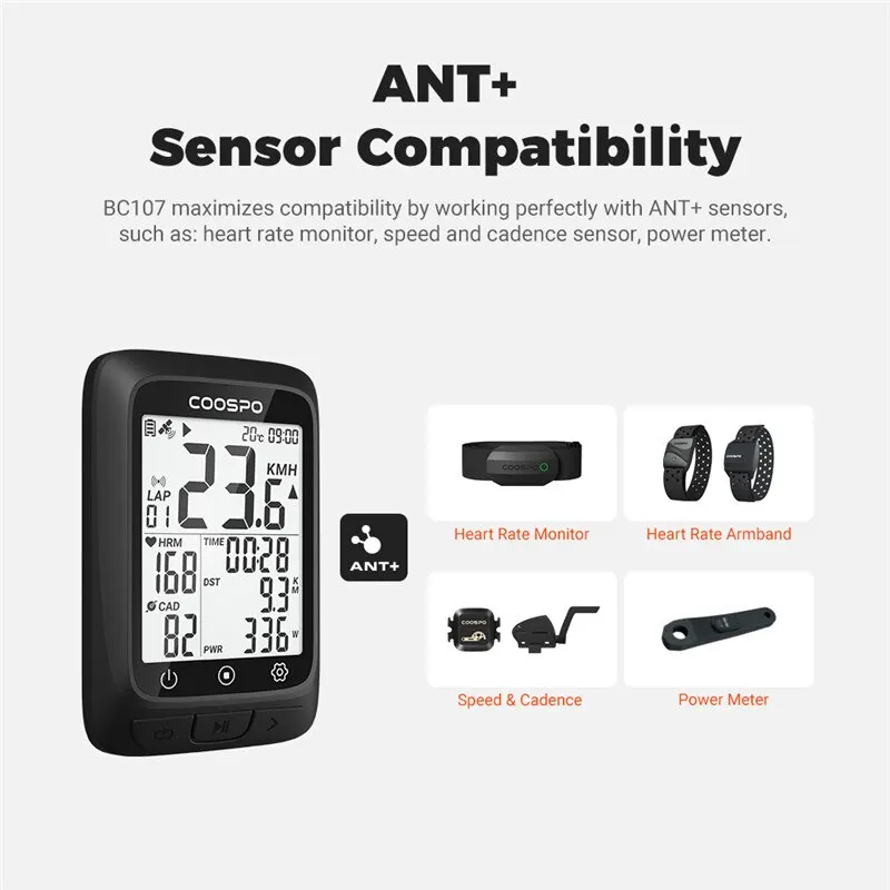Computadora para Bicicleta COOSPO BC107/BC26, GPS Inalámbrico, Odómetro, Velocímetro, Pantalla FSTN de 2.4'', Bluetooth 5.0, ANT+, GPS, BDS