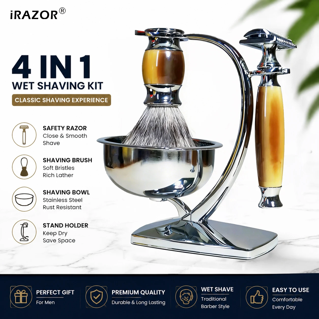 iRAZOR Classic - Kit de afeitado de seguridad de doble filo para hombre con 10 cuchillas, brocha de afeitar Silvertip, tazón y set de regalo para afeitado en húmedo