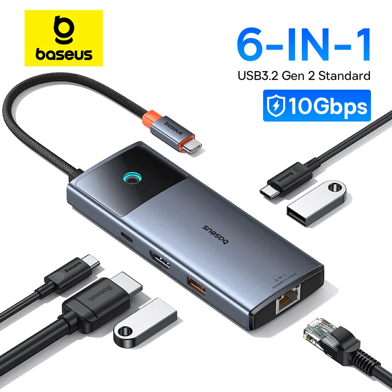 Baseus USB C HUB HDMI 4K 60Hz Adaptador 6 en 1 Rápido de 10Gbps USB 3.2 Splitter Tipo C PD100W con RJ45 para Laptop Macbook Pro Air Hub