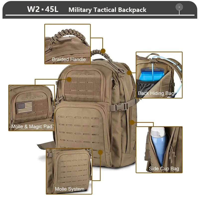 Mochila táctica de asalto de 3 días para hombre, bolsa Molle grande de 38/45L, impermeable para exteriores, senderismo, Camping, viaje, 600D