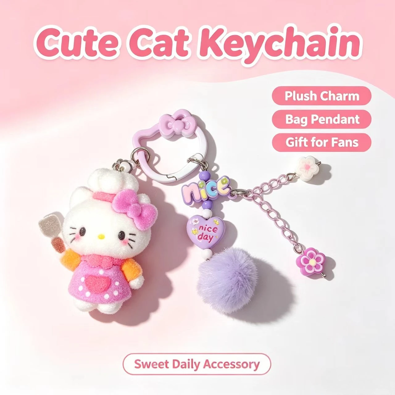 Llavero de moda con diseño de gato flocado, figura de chef adorable, accesorio para bolso, colgante de pompón, llavero de moda para mujer, regalo
