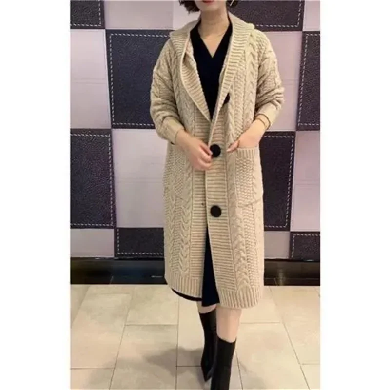 Primavera otoño 2024 nuevo cárdigan con giros de Jacquard suéter de talla grande para mujer largo con capucha de un solo pecho cárdigan de punto abrigo M-5XL