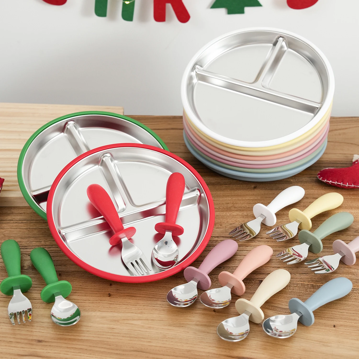 Cokor Kids Juego de cena de acero inoxidable para bebé, 3 piezas, con plato, tenedor, cuchara, plato de alimentación reutilizable, vajilla de destete para entrenamiento de niños pequeños