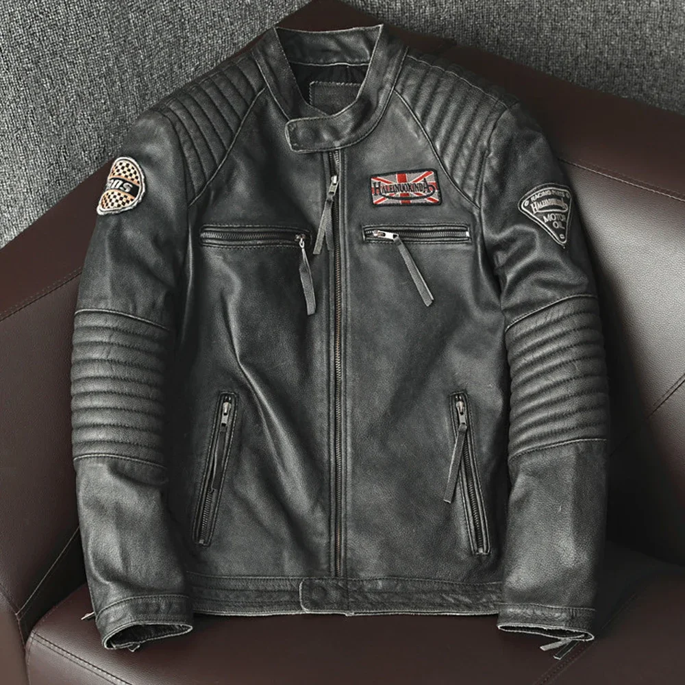 Chaqueta de motorista de cuero genuino para hombre, abrigo de piel de vaca 100% Natural, ajustado, Estilo Vintage, ropa de motorista