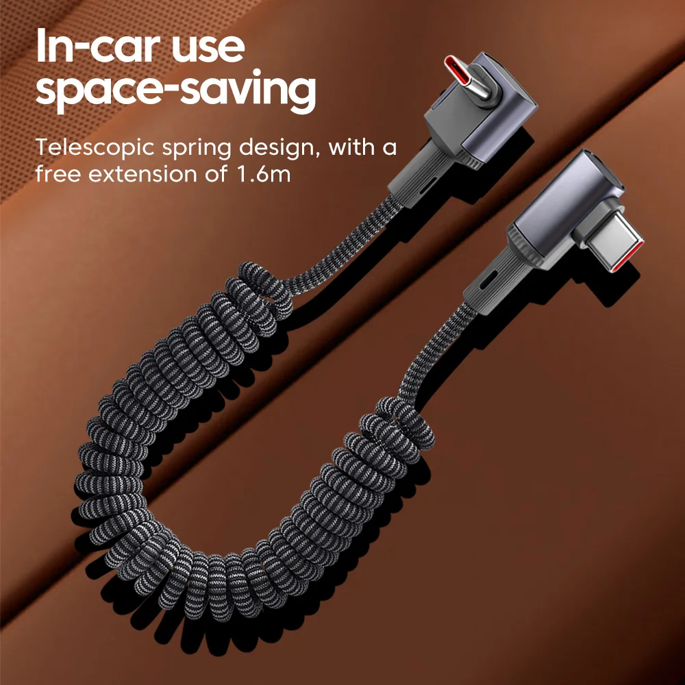 Cable USB Tipo C a Tipo C de 100W para Auto, con Resorte, 90 Grados °   Cable de Carga Rápida USB C con Conector en Ángulo para iPhone 17, 16, 15, Teléfono, Tableta, Portátil