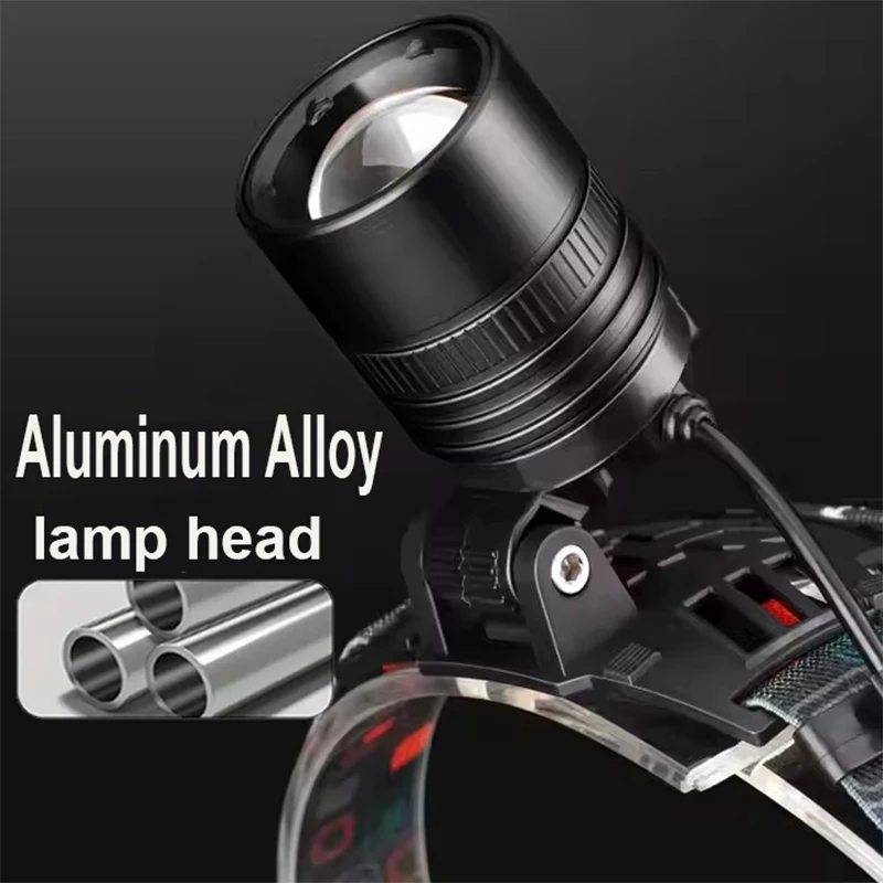 Linterna frontal de aleación de aluminio recargable por USB, lámpara frontal superbrillante, 3 modos de iluminación, luces frontales con zoom