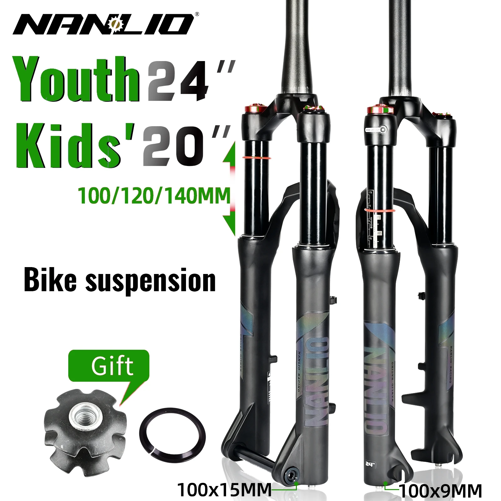 Nanlio-horquillas de suspensión para bicicleta de montaña juvenil, 20 o 24 pulgadas, 100, 120, 140mm, bloqueo de hombro, horquilla de aceite y Gas, 100x9/15MM