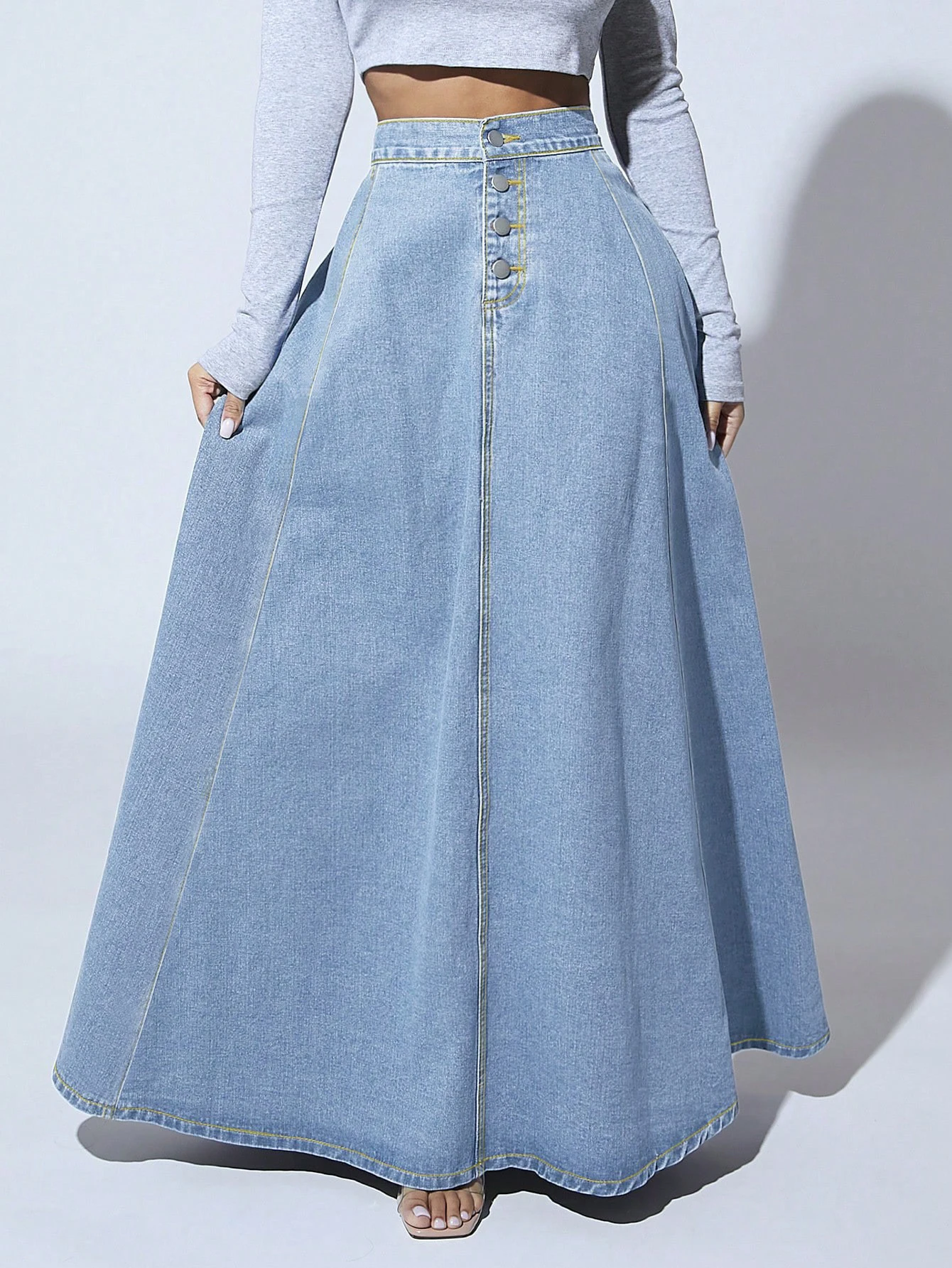 Falda vaquera maxi de mujer con botones delanteros, cintura alta, estilo vintage, línea A, larga, casual y acampanada