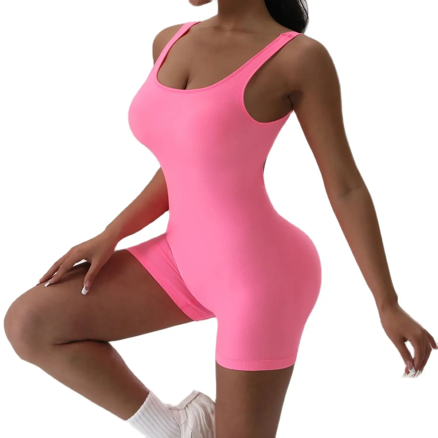 Traje de Yoga con espalda descubierta para mujer, mono deportivo sin mangas con cuello en U, mono elástico roscado de Color sólido sin almohadillas para el busto, 1 Uds.