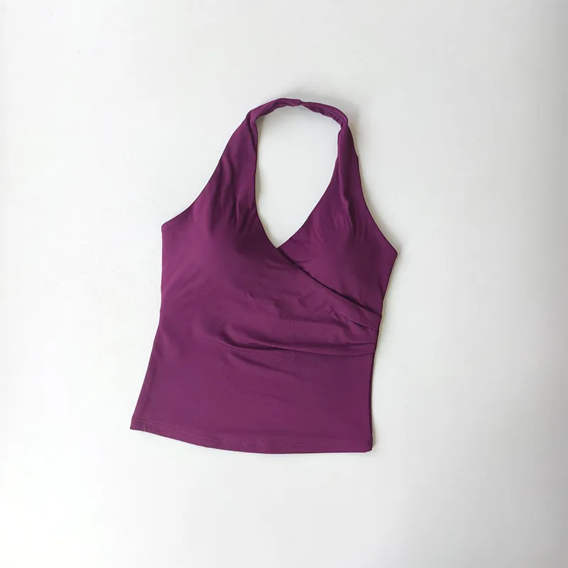 Top deportivo sexy con cuello en V y espalda cruzada, sin mangas, con almohadillas, efecto segunda piel, diseño de espalda atractiva, para yoga y fitness.