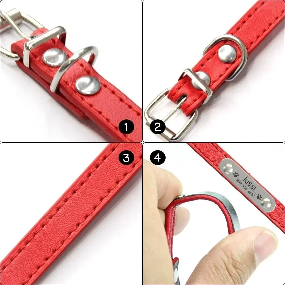 Collar de perro personalizado con nombre, ID tallado, Collar de cuero PU sólido antipérdida para perros pequeños, medianos y grandes, suministros para cachorros y gatos, color rosa