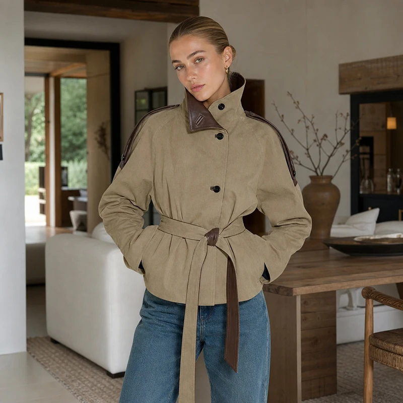 Gabardina Corta para Mujer, de Piel Sintética, con Hombreras Empalmadas, Cinturón en la Cintura, Corte Holgado, Color Caqui, Chaqueta Corta Vintage 2026, Ropa Exterior para Damas