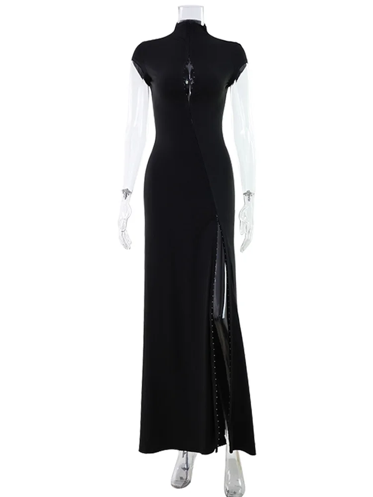 CNYISHE, vestidos de manga corta con cuello redondo para mujer, hebilla de Metal dividida, vaina sólida, moda Sexy para discoteca, trajes de fiesta de noche, ceñido al cuerpo para mujer