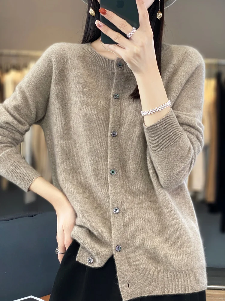Suéteres de manga larga 100% lana merino para primavera y otoño, tops de punto con cuello redondo para mujer, ropa básica de moda