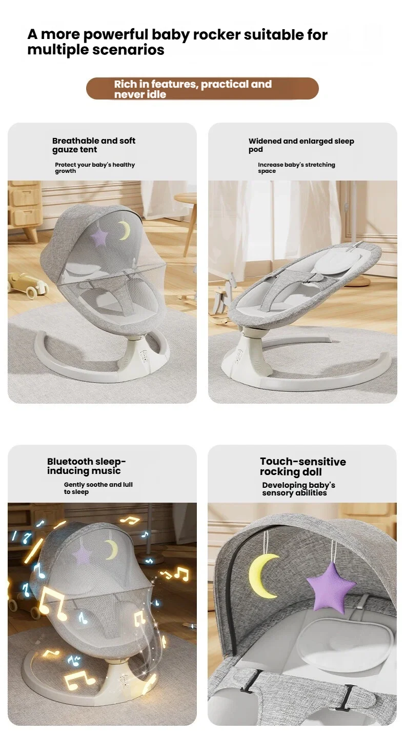 Silla Mecedora Eléctrica para Bebés, Cuna Inteligente para Dormir, Columpio Automático para Recién Nacidos, Hamaca para Bebés con Música Bluetooth, Control de 5 Amplitudes, Mosquitero Extraíble, Toldo Oscurecedor, Control Remoto, Cuna de Dormir Junto a la Cama, Silla de Juego para Niños Pequeños