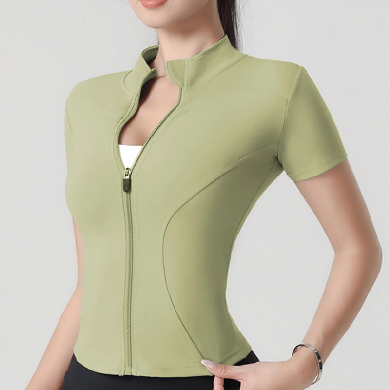 Chaqueta de Yoga para Mujer, Chaqueta Deportiva Ajustada de Manga Corta con Cuello Alto, Chaqueta Deportiva Elástica de Manga Corta para Fitness