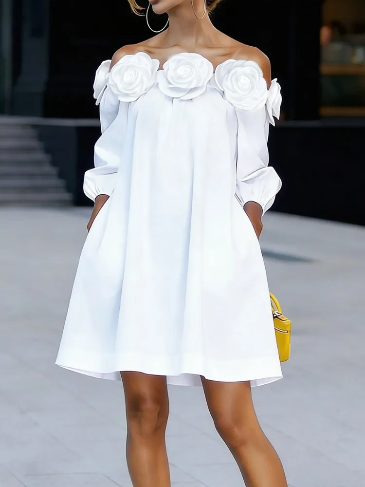 Vestido Mini Blanco UOOZEE para Mujer, Mezcla de Algodón, Diseño 3D de Rosas, Hombros Descubiertos, Mangas 3/4, Corte A, Elegante, Holgado, para Fiesta, Nuevo 2026