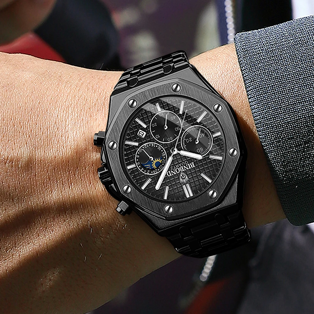 Relojes de Pulsera de Cuarzo de Lujo BINBOND, Luminosos, Resistentes al Agua, con Fecha Automática, Cronógrafo, Reloj Deportivo de Negocios para Hombre