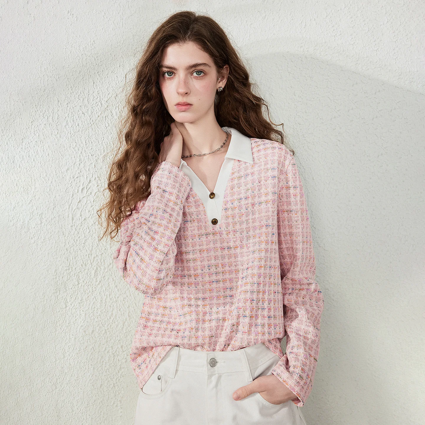 TOYOUTH Camisetas para mujer 2026 Otoño Nuevo tejido texturizado con cuello en V Tops sencillos de manga larga de color rosa claro elegantes