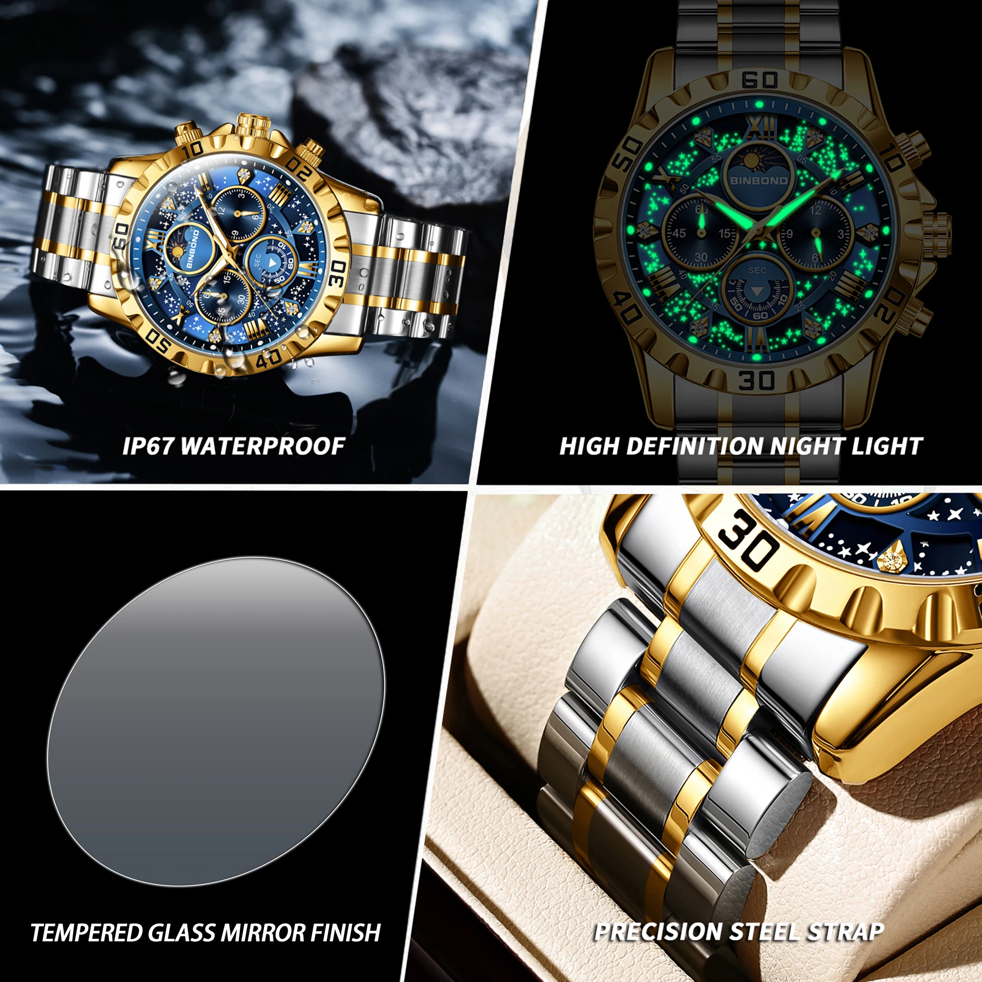 Relojes de cuarzo de la marca original BINBOND para hombre, reloj de lujo luminoso de acero inoxidable con cronógrafo, reloj para hombre elegante.