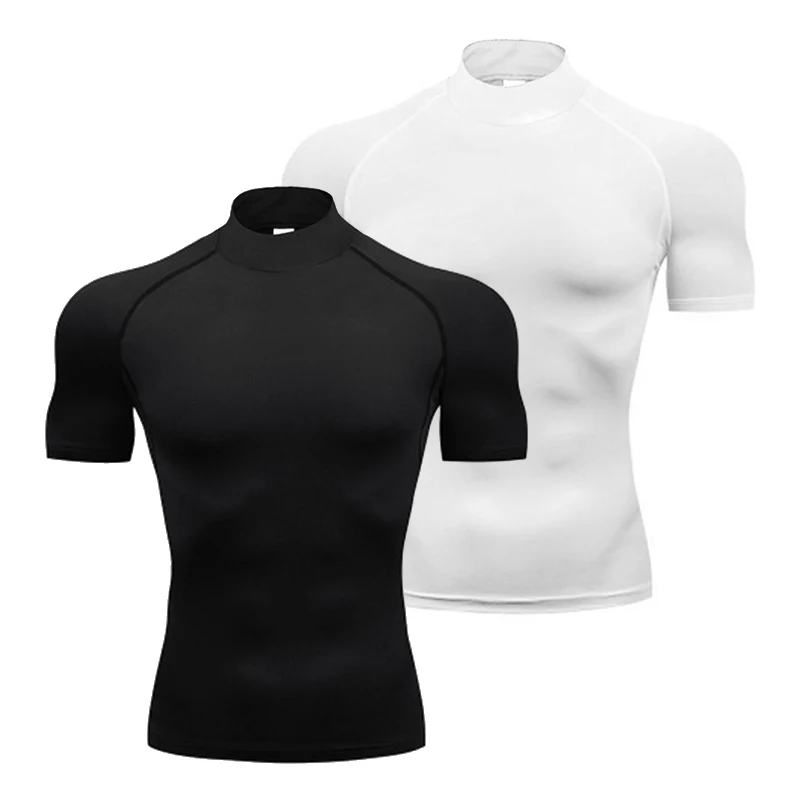 1/2 Uds. Camisas de compresión para hombre, camisetas para correr de verano, camisetas deportivas elásticas de secado rápido con cuello alto, camiseta de manga corta para gimnasio atlético