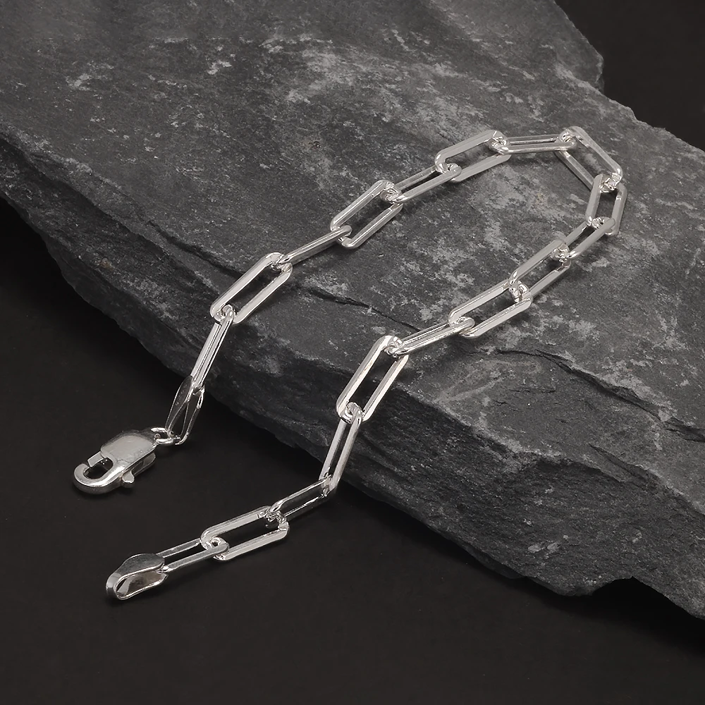 Sólida plata 925, pulsera de cadena de eslabones con clip de papel de 4mm para hombres y mujeres, cadena de mano con Clip de papel, joyería Punk Simple de moda