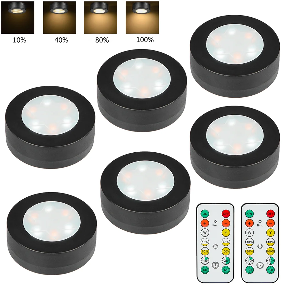 1-6 uds negro CCT redondo LED debajo del armario luz muebles regulable lámpara de armario blanco cálido 3000-6500K Control remoto