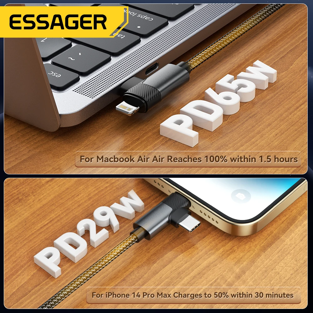 Essager Cable de ángulo recto 2 en 1 PD 65W 29W Cable de datos de codo de carga rápida para iPhone 15 14 13 MacBook Lenovo Asus Dell iPad Pro